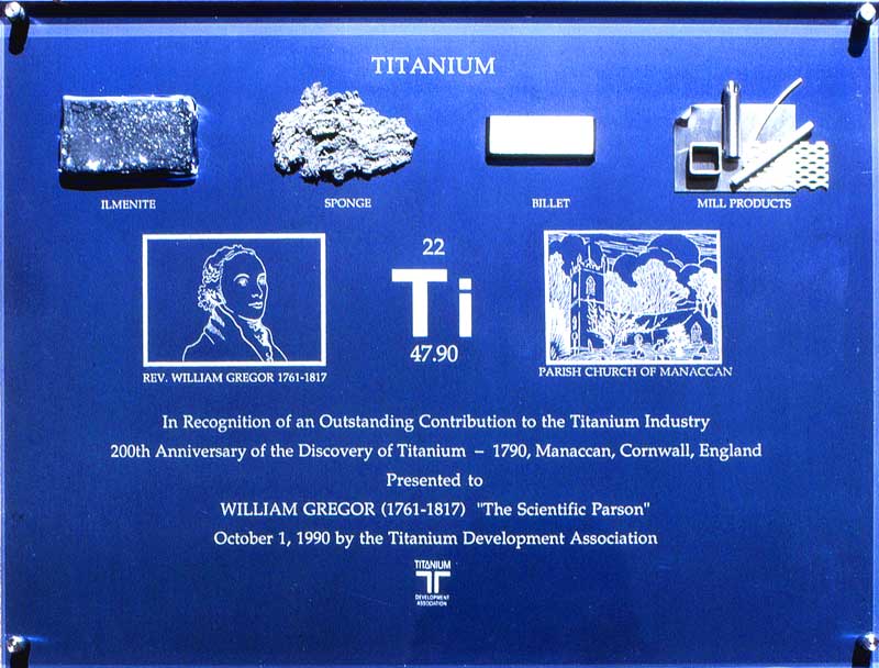 Plaque for the 200th anniversary of the discovery of titanium by William Gregor