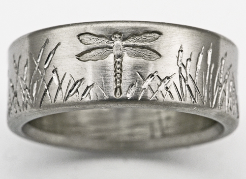 Dragonfly titanium ring with cattails 